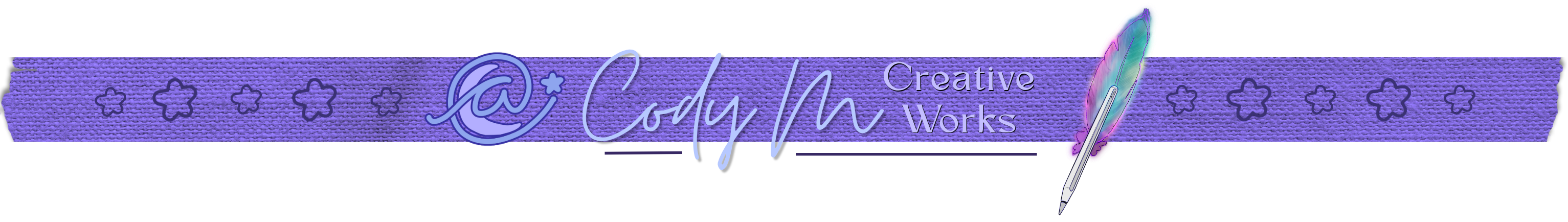 Stylized font that reads "Cody M Creative Works" centered on a purple woven decorative tape. To the right of the words are 5 star outlines and the 'atlanticstardust' logo. To the left of the words, there is a stylized apple pencil pro made to look like a magical quill plume, and 5 more star outlines.