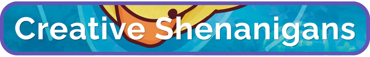 The text "Creative Shenanigans" in white over a blue water background with with the top down sneak peek of a yellow rubber duck floating on through. The border is purple.